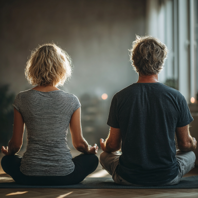 Група літніх людей виконує вправи йоги в парку